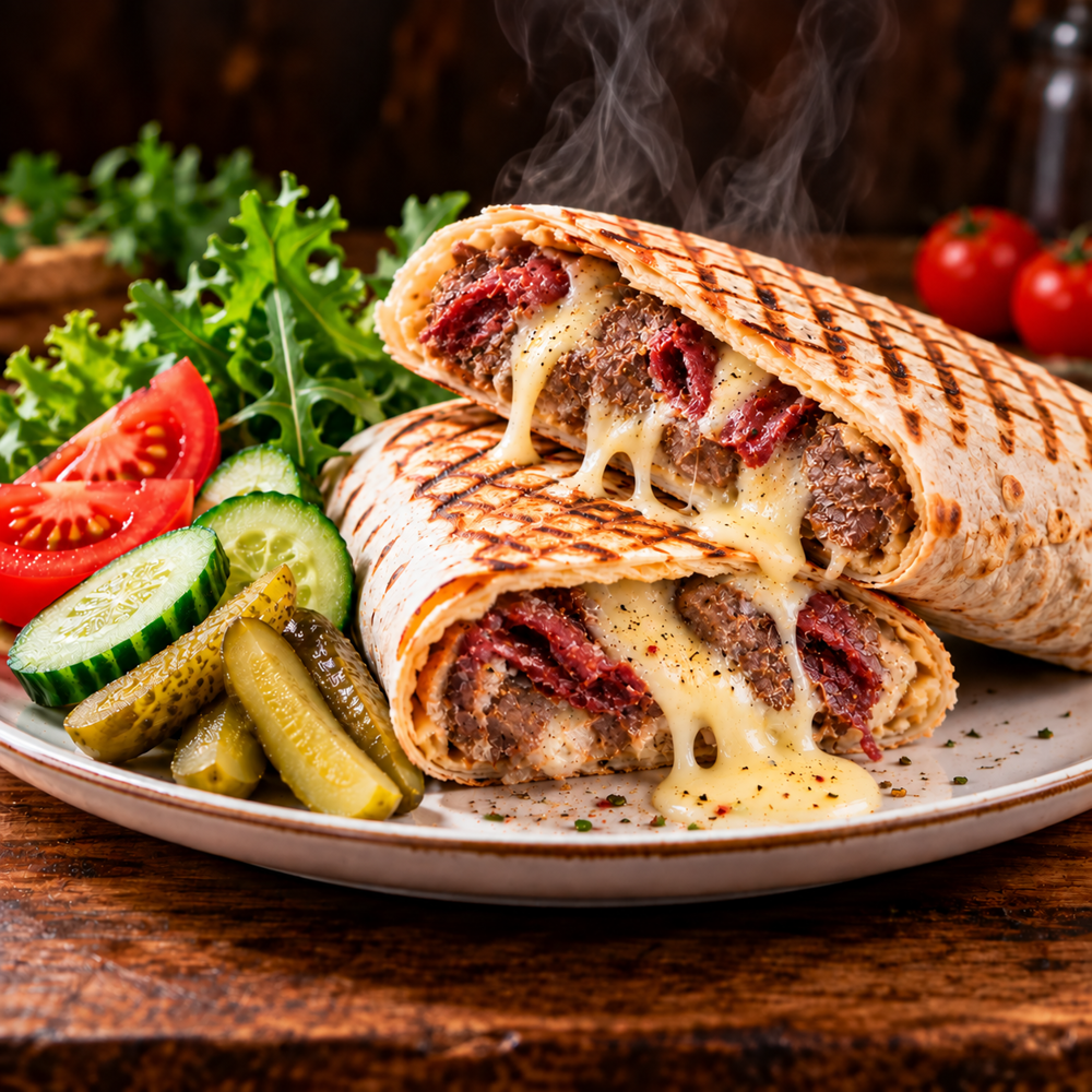LAVAŞ EKMEĞİNE PASTIRMA KAVURMA KAŞARLI TOST