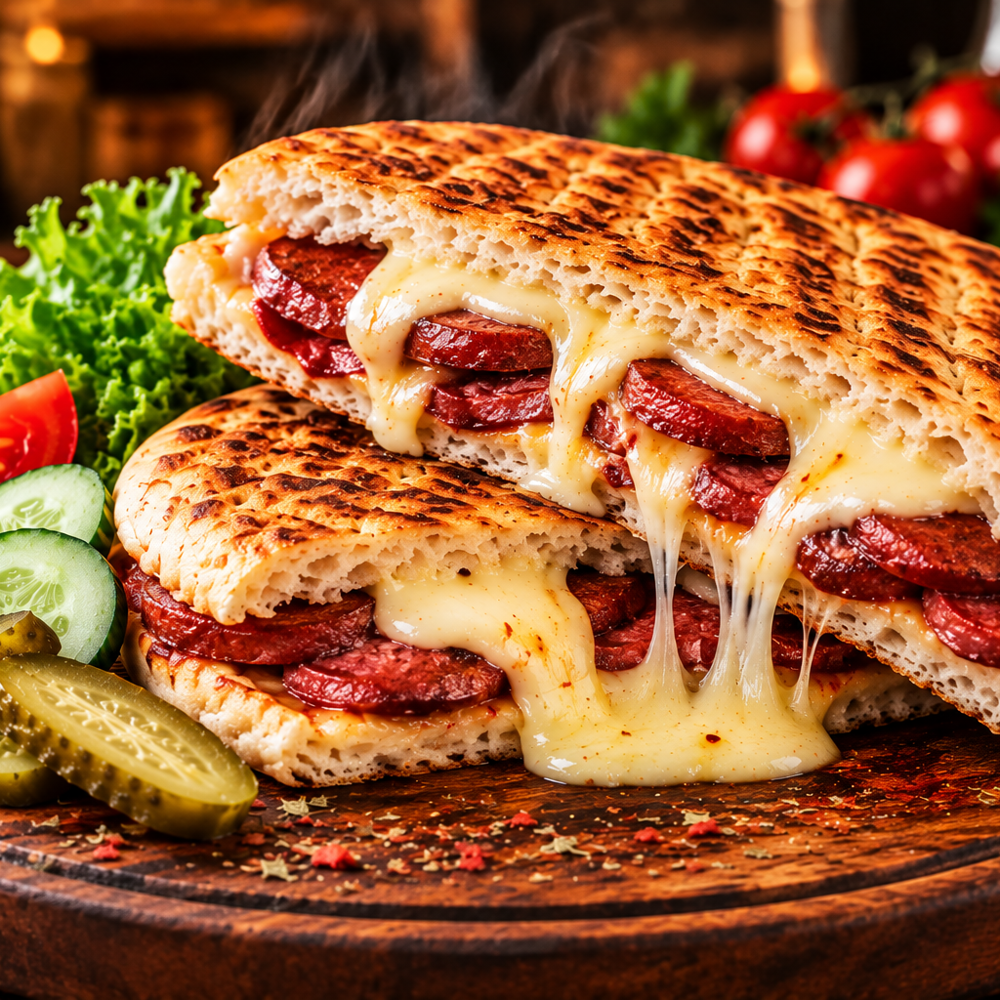 BAZLAMA EKMEĞİNE SUCUK KAŞARLI TOST
