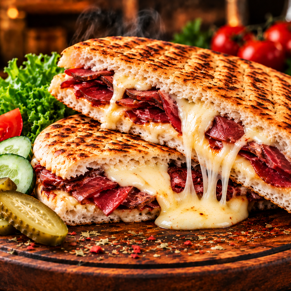 BAZLAMA EKMEĞİNE PASTIRMA KAŞARLI TOST