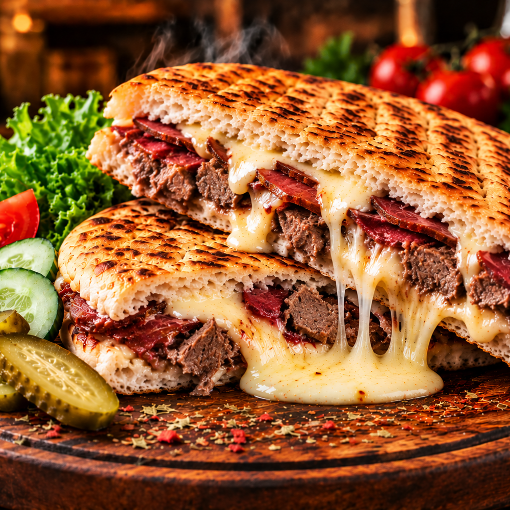 BAZLAMA EKMEĞİNE PASTIRMA KAVURMA KAŞARLI TOST